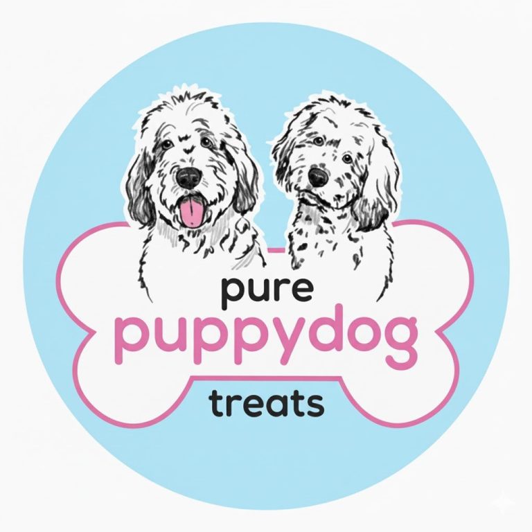 Logo featuring two dogs with the text "pure puppydog treats" in a blue background.