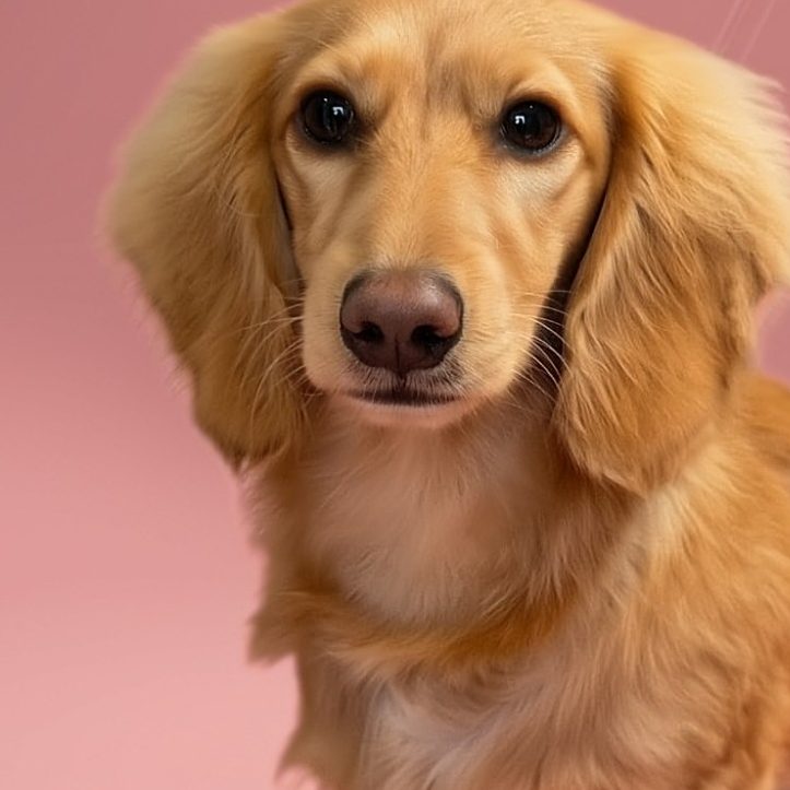 Black and white small dog Black and white dog with tan markings, looking directly at the camera against a pink background.