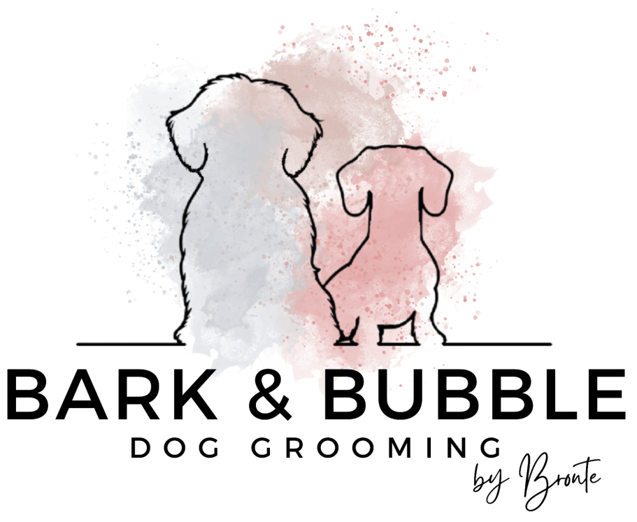 Outline of two dogs with a pink splash background, featuring the text "Bark & Bubble Dog Grooming."