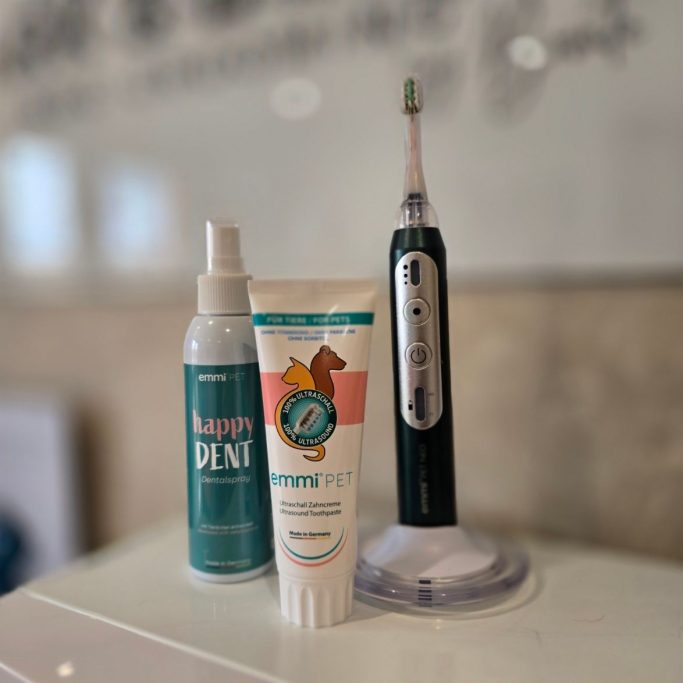 Toothbrush, toothpaste, and spray on a countertop, displaying dental care products.