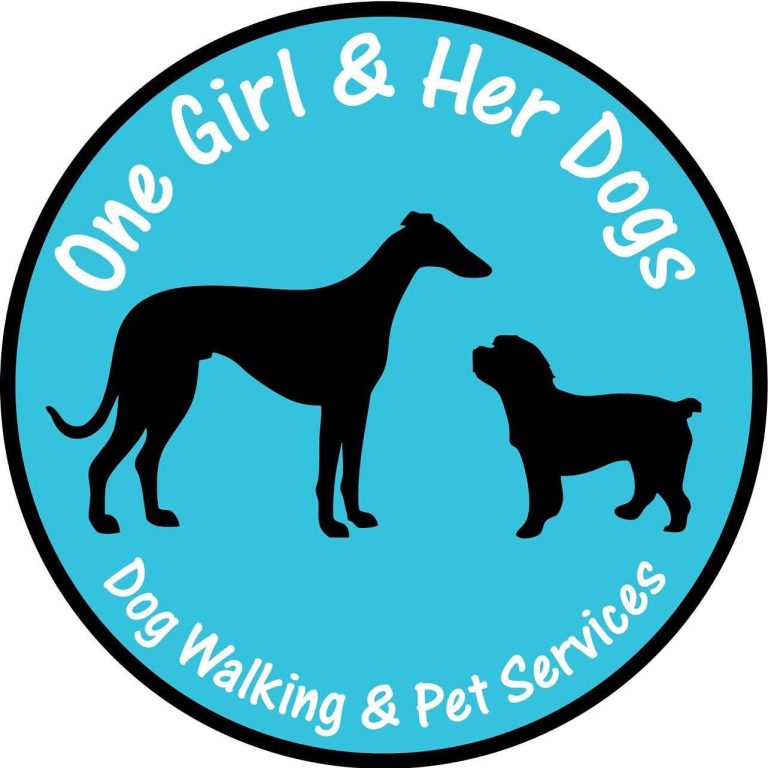 Logo featuring a greyhound and a small dog with text about dog walking and pet services.