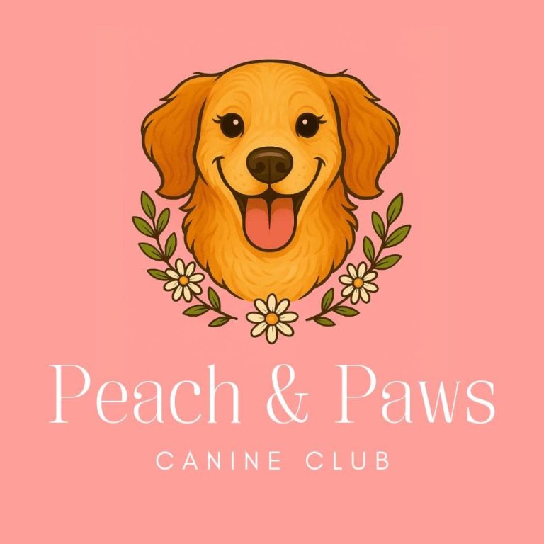 Friendly golden retriever surrounded by flowers, with the text "Peach & Paws Canine Club."